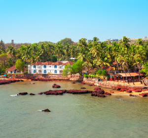 Blick auf eine K&uuml;stenlandschaft in Goa mit wei&szlig;en und roten Kolonialgeb&auml;uden, ges&auml;umt von zahlreichen Palmen am ruhigen Meer.